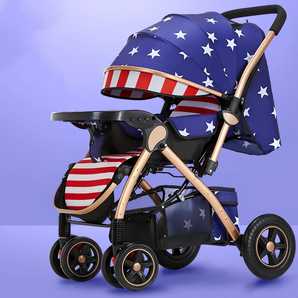 Baby stroller gift box in local gold frame with khaki blended fabric and 20cm rubber rear wheels for newborn use