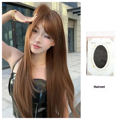 Warm tea chestnut brown long straight synthetic wig with bangs made from high temperature fibre