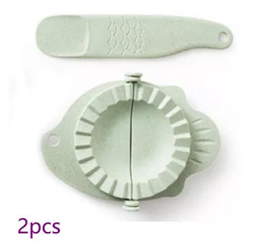 Plastic dumpling maker device in blue, green, and white for quick, uniform dumplings