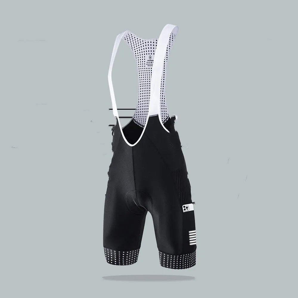 Men's black cycling suspender shorts for road biking with integrated straps and moisture-wicking fabric