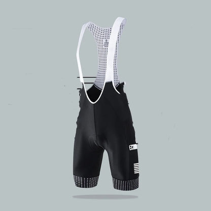 Men's black cycling suspender shorts for road biking with integrated straps and moisture-wicking fabric