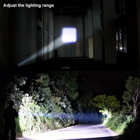 Black mini telescopic LED flashlight showing adjustable focus and pen-like design with clip attachment