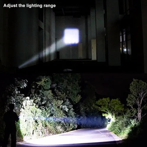 Black aluminium alloy telescopic LED flashlight with a pocket clip, shown zoomed in and out.