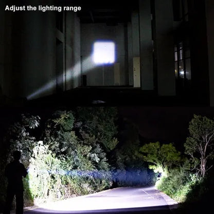 Black aluminium alloy telescopic LED flashlight with a pocket clip, shown zoomed in and out.