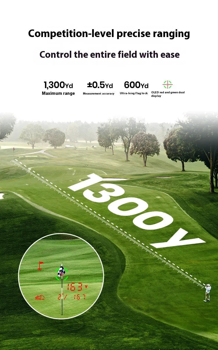 Black GenePro G1 GPS golf rangefinder showing its AMOLED touchscreen, held in hand.