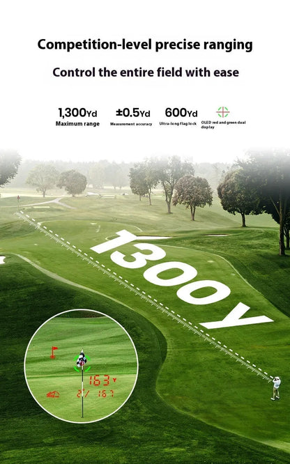 Black GenePro G1 GPS golf rangefinder showing its AMOLED touchscreen, held in hand.