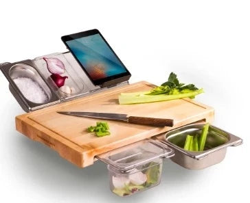 Bamboo cutting board with plastic storage trays for meal prep and organization