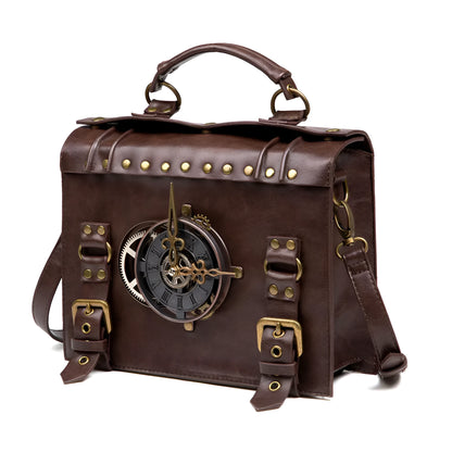 Bronze steampunk industrial retro style PU leather shoulder bag with metal details and a square pillow shape.