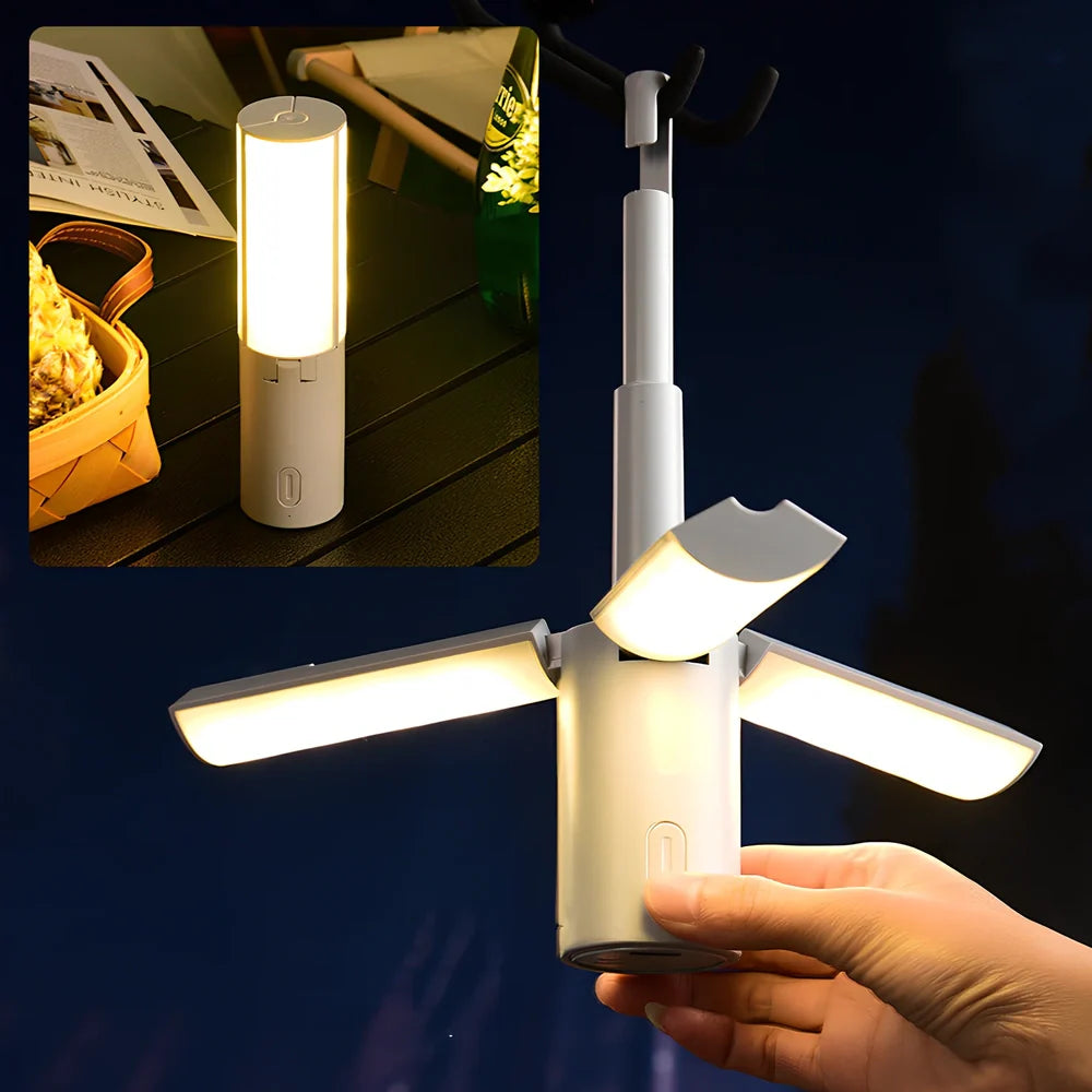 Folding camping light shown in expanded and collapsed positions with USB charging cable