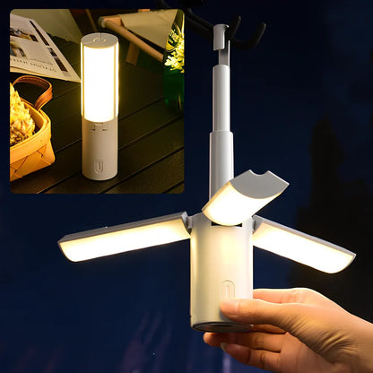 Folding camping light shown in expanded and collapsed positions with USB charging cable