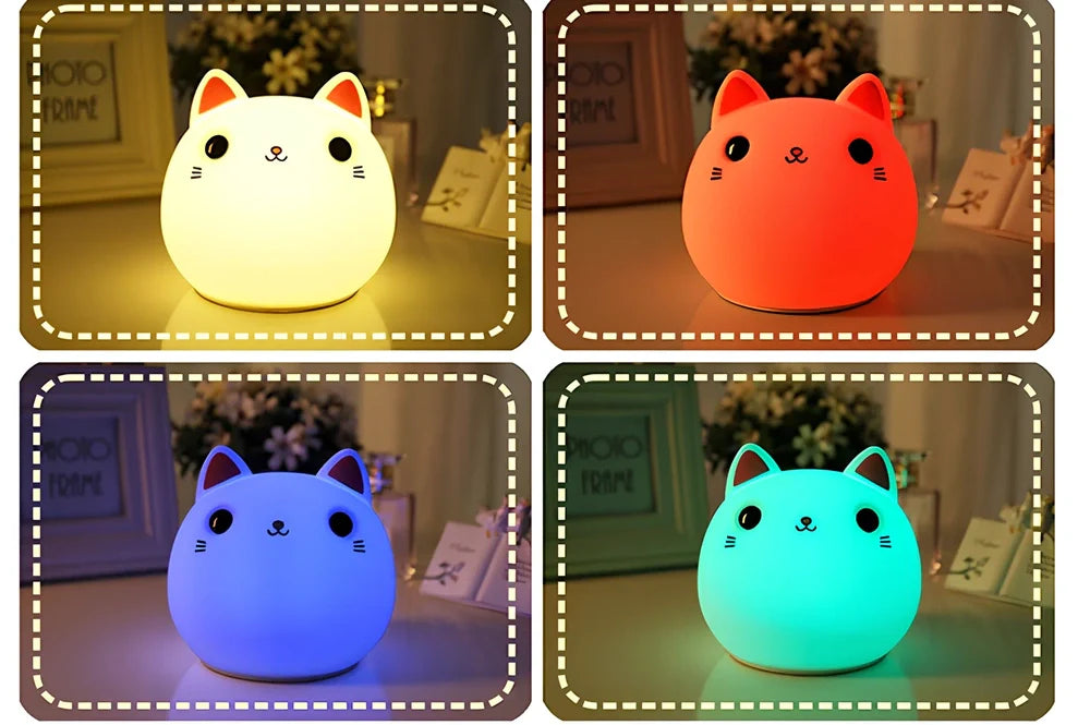 Cute cat-shaped silicone LED lamp with warm white and colourful lighting, measuring 12.5cm