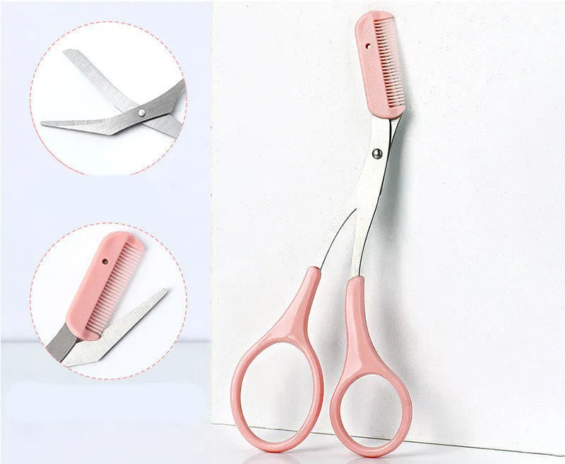 White or pink eyebrow trimming knife with curved comb for eyebrow shaping and hair removal