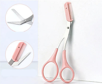 White or pink eyebrow trimming knife with curved comb for eyebrow shaping and hair removal
