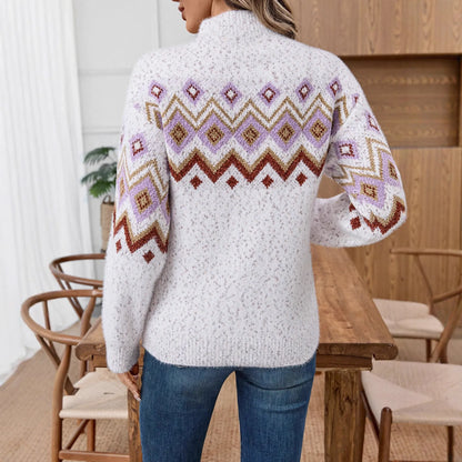 White geometric pattern half turtleneck jacquard sweater with loose fit and contrast colour detailing