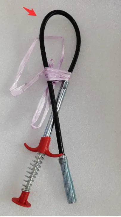 Stainless steel sewer dredge spring drain cleaning tool with a black PP handle.