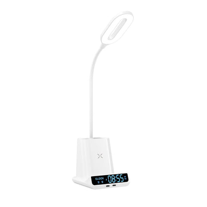 Black wireless charging desk lamp with pen holder, storage box, and USB port on modern desk