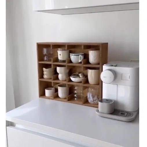 Solid birch wood square multi-layer grid storage rack with natural meridian colour grain
