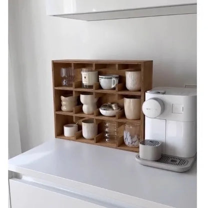 Solid birch wood square multi-layer grid storage rack with natural meridian colour grain