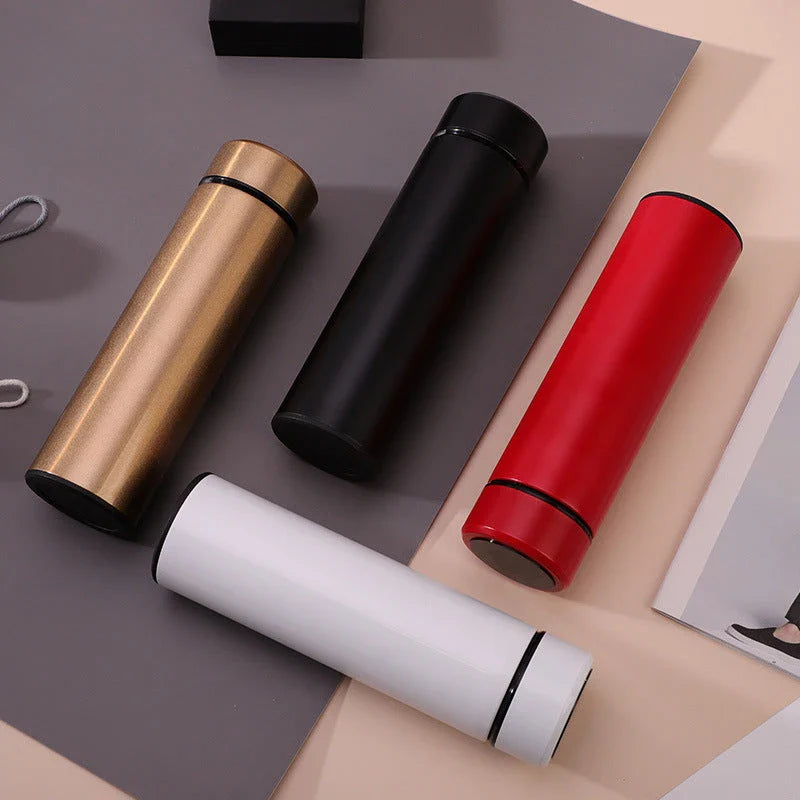 Sleek stainless steel vacuum flask with LED temperature display, available in various stylish colors and capacities to suit active lifestyles.