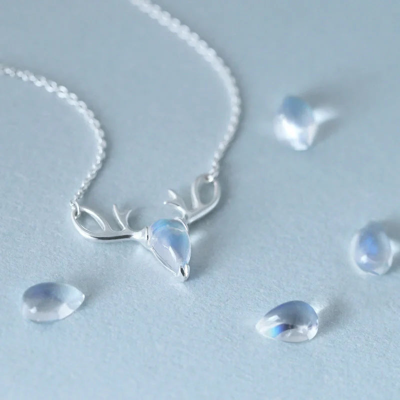 S925 Sterling Silver Elk Necklace with glowing Moonstone Pendant, Korean style jewelry
