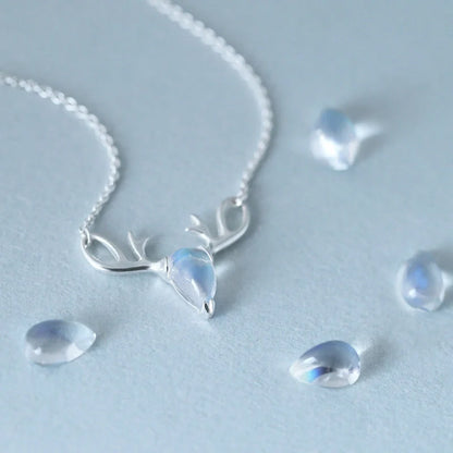 S925 Sterling Silver Elk Necklace with glowing Moonstone Pendant, Korean style jewelry
