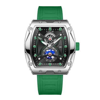 Men's tonneau watch with stainless steel case, silicone strap, and silver blue dial, 15mm thick.