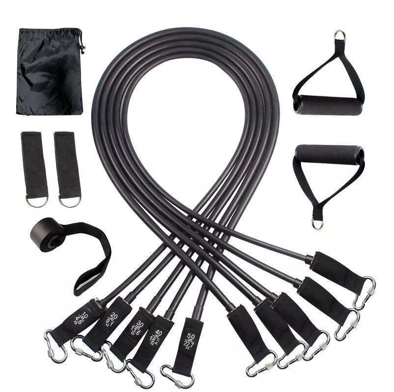 150-pound TPE fitness resistance band set with foam handles, foot rings, and tension ropes