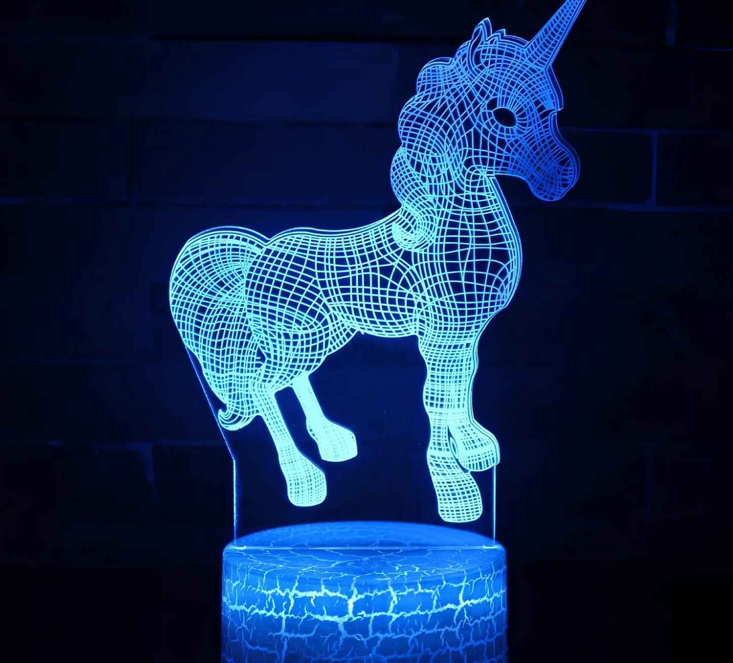 3D unicorn night light with LED illumination on 23cm black ABS base, showing touch controls and USB cable