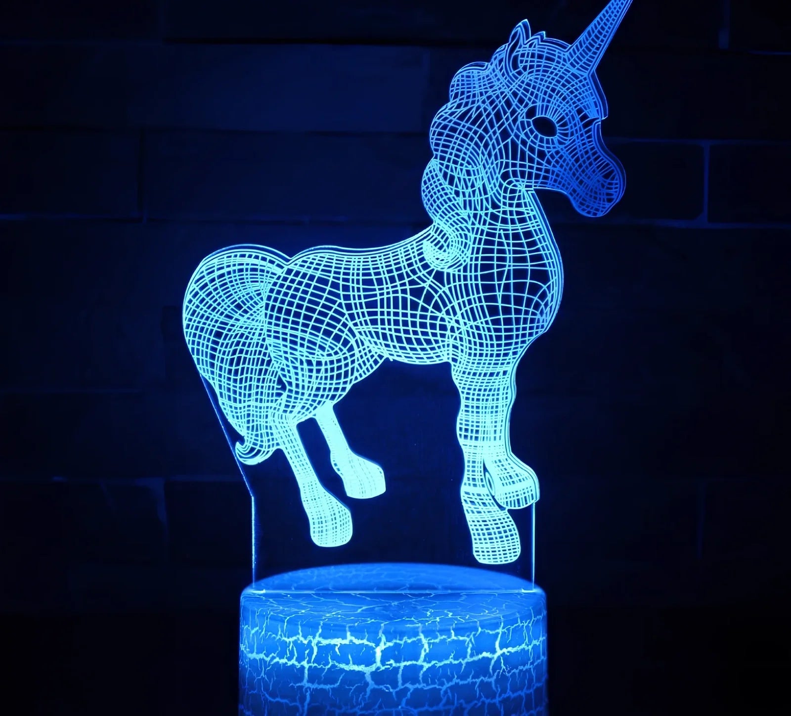 3D unicorn night light with LED illumination on 23cm black ABS base, showing touch controls and USB cable