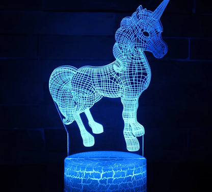 3D unicorn night light with LED illumination on 23cm black ABS base, showing touch controls and USB cable