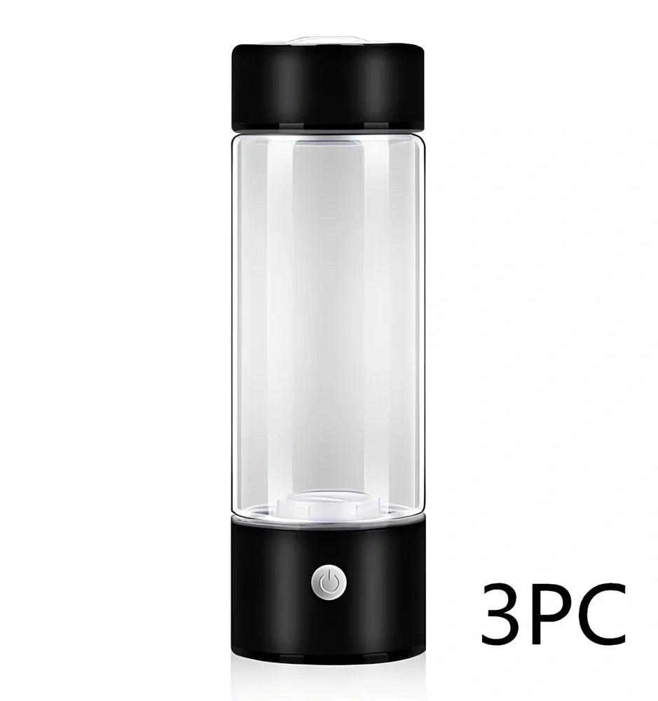Portable hydrogen water cup in silver with borosilicate glass, showing electrolysis bubbles and romatic light, 3-minute generation