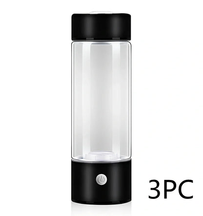 Portable hydrogen water cup in silver with borosilicate glass, showing electrolysis bubbles and romatic light, 3-minute generation