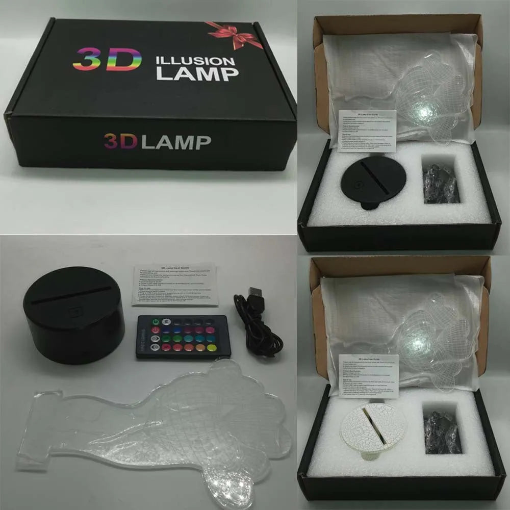 3D rose-shaped night light showing multiple colour options with remote control and USB cable