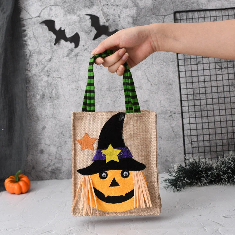 Funny Halloween Candy Tote Bag for Kids featuring witch, skull, and pumpkin designs