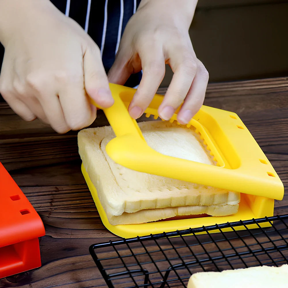 Red square sandwich press mould creating hemmed breakfast sandwiches with clean edges