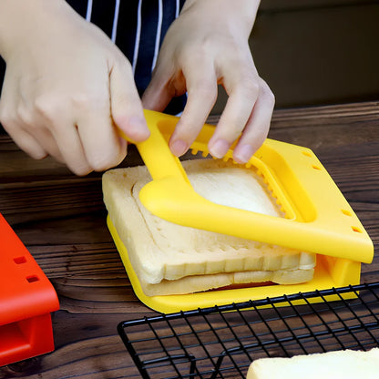 Red square sandwich press mould creating hemmed breakfast sandwiches with clean edges