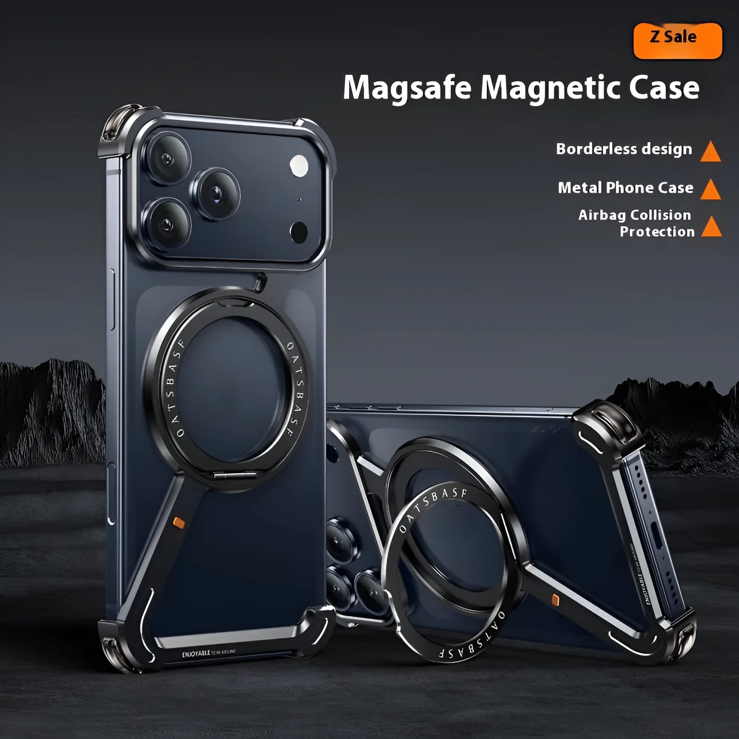 Black electroplated aluminium alloy iPhone 17 Pro Max case with integrated magnetic bracket