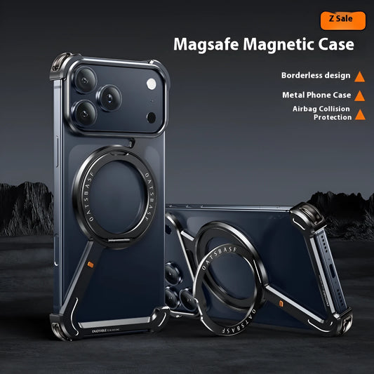Black electroplated aluminium alloy iPhone 17 Pro Max case with integrated magnetic bracket