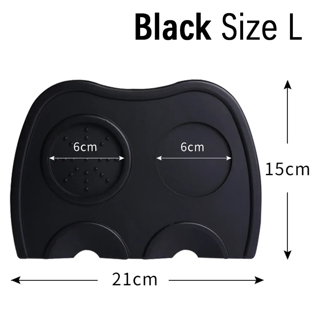 Stainless steel coffee tamper with silicone distribution pad in black or red, showing aluminium handle.