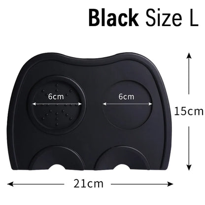 Stainless steel coffee tamper with silicone distribution pad in black or red, showing aluminium handle.