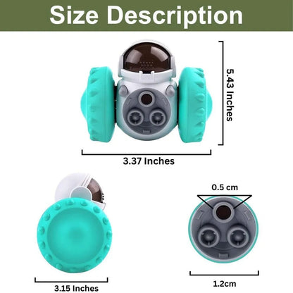 A small, robot-shaped, self-balancing dog treat dispenser toy in various colours, rolling on a floor.