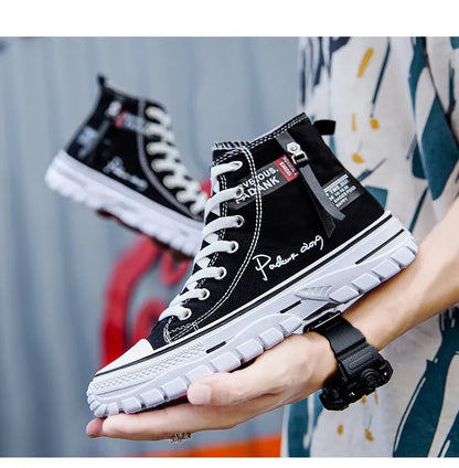 Men's high top canvas casual shoes with letter pattern, front lace-up, round toe, white green black, sizes 39-44