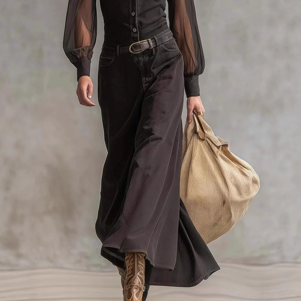 Black long sleeve mesh dress with asymmetric skirt and high waist design