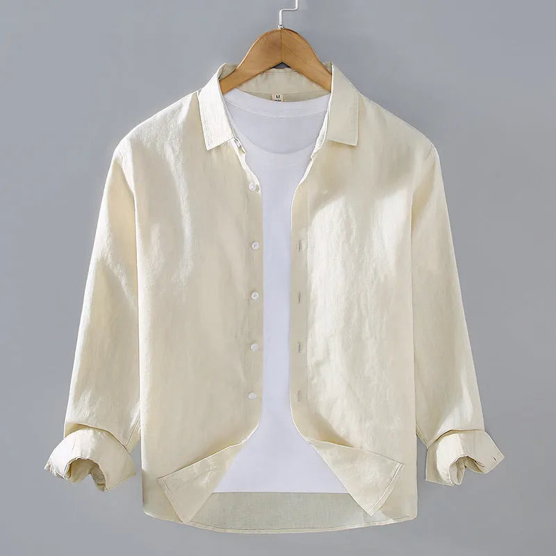 Pure linen men's cardigan shirt in a solid colour with long sleeves.