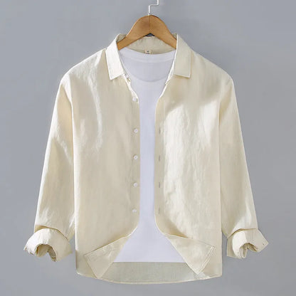 Pure linen men's cardigan shirt in a solid colour with long sleeves.