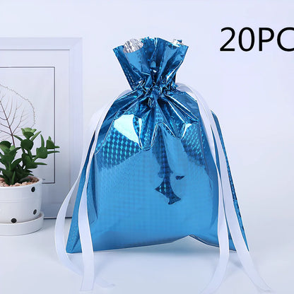 Christmas gift bag with drawstring closure in laser gold finish, 32x24cm dimensions