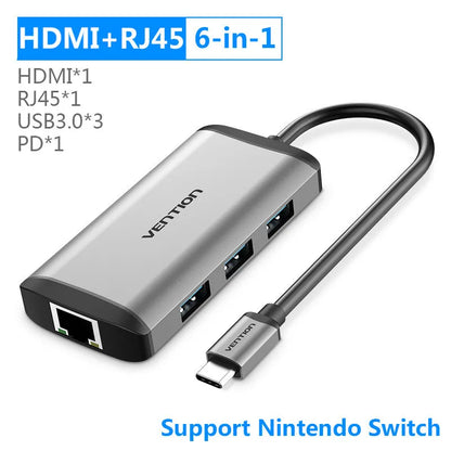 Deep grey Type-C to HDMI, USB, Ethernet, and card reader hub with 0.15m cable on a laptop