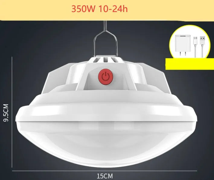 Rechargeable LED camp light with 18650 battery showing illumination radius of 15-40 metres