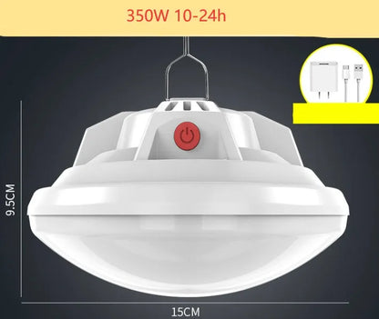 Rechargeable LED camp light with 18650 battery showing illumination radius of 15-40 metres