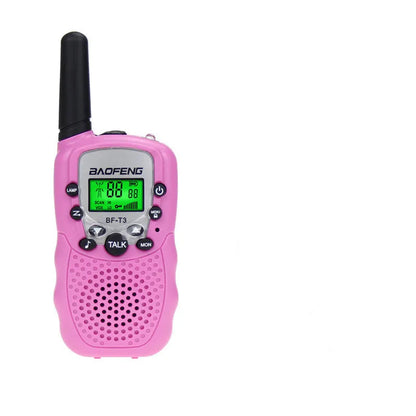 Two children's handheld walkie talkies in bright colours showing channel selector and antenna.